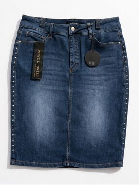 Style Me Blue Denim Stretch Pencil Skirt Stud Embellished Size 16
